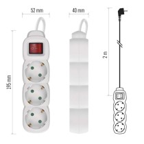 Hosszabbító 2 m / 3 aljzat / kapcsolós / fehér / PVC / 1 mm2