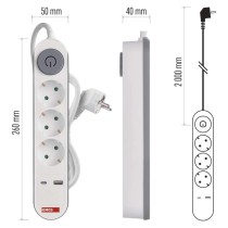 Hosszabbító 2 m / 3 aljzat / kapcsolós / fehér / 1× USB-A + 1× USB-C  / 1,5 mm2