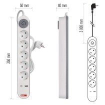 Pagarinātājs, 3 m / 5 kontaktligzdas / ar slēdzi / balts / 1× USB-A + 1× USB-C / 1,5 mm2