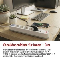 Steckdosenleiste 3 m / 5 Steckdosen / Schalter / weiß-grau / 1×USB-A + 1×USB-C / 1,5 mm2