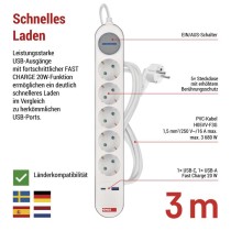 Steckdosenleiste 3 m / 5 Steckdosen / Schalter / weiß-grau / 1×USB-A + 1×USB-C / 1,5 mm2