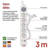Hosszabbító 3 m / 5 aljzat / kapcsolós / fehér-szürke / 1×USB-A + 1×USB-C / 1,5 mm2