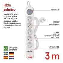 Podaljšek 3 m / 5 vtičnic / s stikalom / belo-siv / 1×USB-A + 1×USB-C / 1,5 mm2