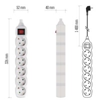 Prailginimo laidas 1,4 m / 6 lizdai / baltas / PVC / 1 mm2