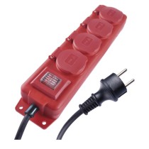 Steckdosenleiste 10 m / 4 Steckdosen / Schalter / rot / Gummi-Neopren / 1,5 mm2