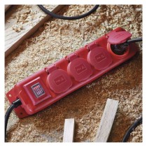 Steckdosenleiste 10 m / 4 Steckdosen / Schalter / rot / Gummi-Neopren / 1,5 mm2