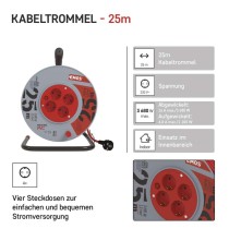 PVC Kabeltrommel – 4 Steckdosen, 25m, 1,5mm2 SCHUKO