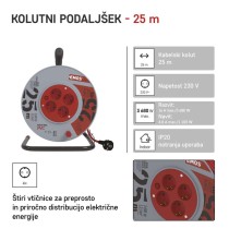 Kolutni podaljšek 25 m / 4 vtičnice / oranžni / PVC / 230 V / 1,5 mm2