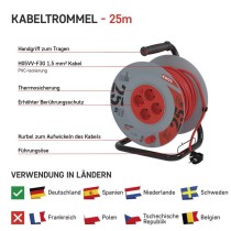 PVC Kabeltrommel – 4 Steckdosen, 25m, 2,5mm2 SCHUKO