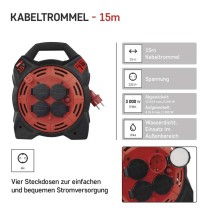Gummi-Kabeltrommel mit LED-Strahler - 4 Steckdosen, 15m, 1,5mm2