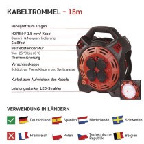 Gummi-Kabeltrommel mit LED-Strahler - 4 Steckdosen, 15m, 1,5mm2