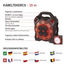 Kültéri kábeldob 15 m / 4 aljzat / gumi-neoprén / 230 V / 1,5 mm2 LED fényvisszaverővel