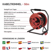 Gummi-Kabeltrommel – 4 Steckdosen, 50m, 2,5mm2 