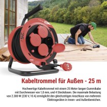 Gummi-Kabeltrommel – 4 Steckdosen, 25m, 1,0mm2 