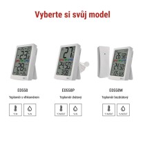 Digitální teploměr s vlhkoměrem, bezdrátové čidlo, budík, datum E0558W