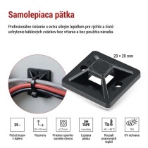 Samolepiaca príchytka sťahovacej pásky 20×20 mm, čierna, 25 ks