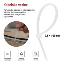 Vezica za kable 100×2,5, bela, 100 kos