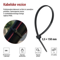 Vezica za kable 150×3,5, črna, 100 kos