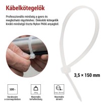 Kábelkötöző 150×3,5, fehér, 100 szt