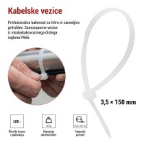 Vezica za kable 150×3,5, bela, 100 kos