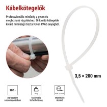Kábelkötöző 200×3,5, fehér, 100 szt