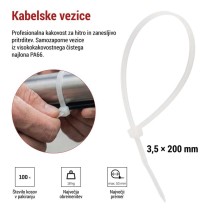 Vezica za kable 200×3,5, bela, 100 kos