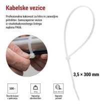Vezica za kable 300×3,5, bela, 100 kos