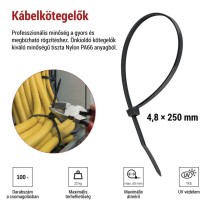 Kábelkötöző 250×4,8, fekete, 100 szt