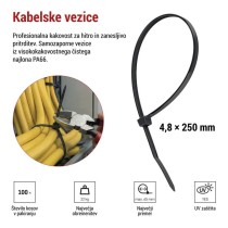 Vezica za kable 250×4,8, črna, 100 kos
