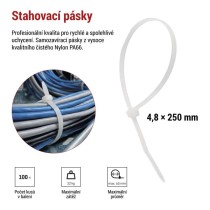 Stahovací páska 250×4,8 mm, bílá, 100 ks