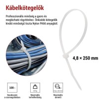 Kábelkötöző 250×4,8, fehér, 100 szt