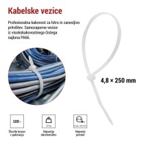 Vezica za kable 250×4,8, bela, 100 kos