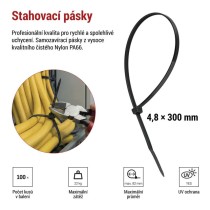 Stahovací páska 300×4,8 mm, černá, 100 ks