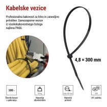 Vezica za kable 300×4,8, črna, 100 kos