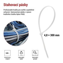 Stahovací páska 300×4,8 mm, bílá, 100 ks