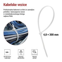 Vezica za kable 300×4,8, bela, 100 kos