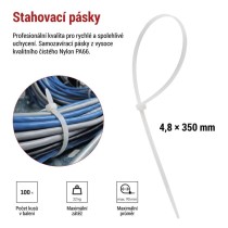 Stahovací páska 350×4,8 mm, bílá, 100 ks