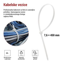Vezica za kable 450×7,6, bela, 25 kos