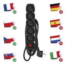 Prodlužovací kabel 3 m / 5 zásuvek / s vypínačem / černý / PVC / 1,5 mm2