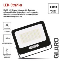 LED reflektor GLARO 100W, schwarz, IP65, 10000 lm, neutralweiß