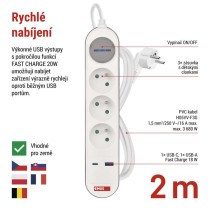 Prodlužovací kabel 2 m / 3 zásuvky / s vypínačem / bílo-šedý / 1×USB-A + 1×USB-C / 1,5 mm2