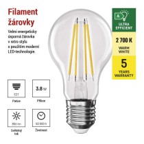 LED žárovka Filament A60 A CLASS/ E27 / 3,8 W (60 W) / 806 lm / teplá bílá