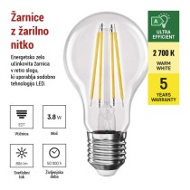 LED žarnica Filament A60 A CLASS/ E27 / 3,8 W (60 W) / 806 lm / toplo bela