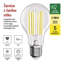 LED žarnica Filament A60 A CLASS / E27 / 7,2 W (100 W) / 1521 lm / toplo bela