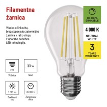 LED žarnica Filament A60 / E27 / 11W (100W) / 1521 lm / nevtralno bela / zatemnilna