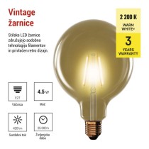 LED žarnica Vintage G125 / E27 / 4,5 W (40 W) / 420 lm / Toplo bel