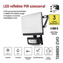 LED-es reflektor TAMBO EVO mozgásérzékelővel, 20 W, 2000 lm, IP65, fekete