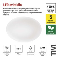 LED stropné svietidlo TIVI, A CLASS, MW sensor, okrúhle biele 8,6W, IP44, Neutrálna biela