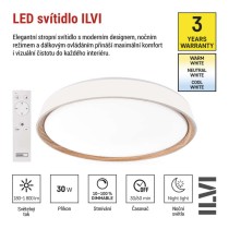 LED přisazené svítidlo ILVI, kruhové 30W, stmív. se změnou CCT, bílá+dřevo
