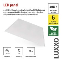 LED panel LUXXO 60 × 60 cm / 32 mm, 22 W, 4000 lm, süllyesztett, semleges fehér, IP21